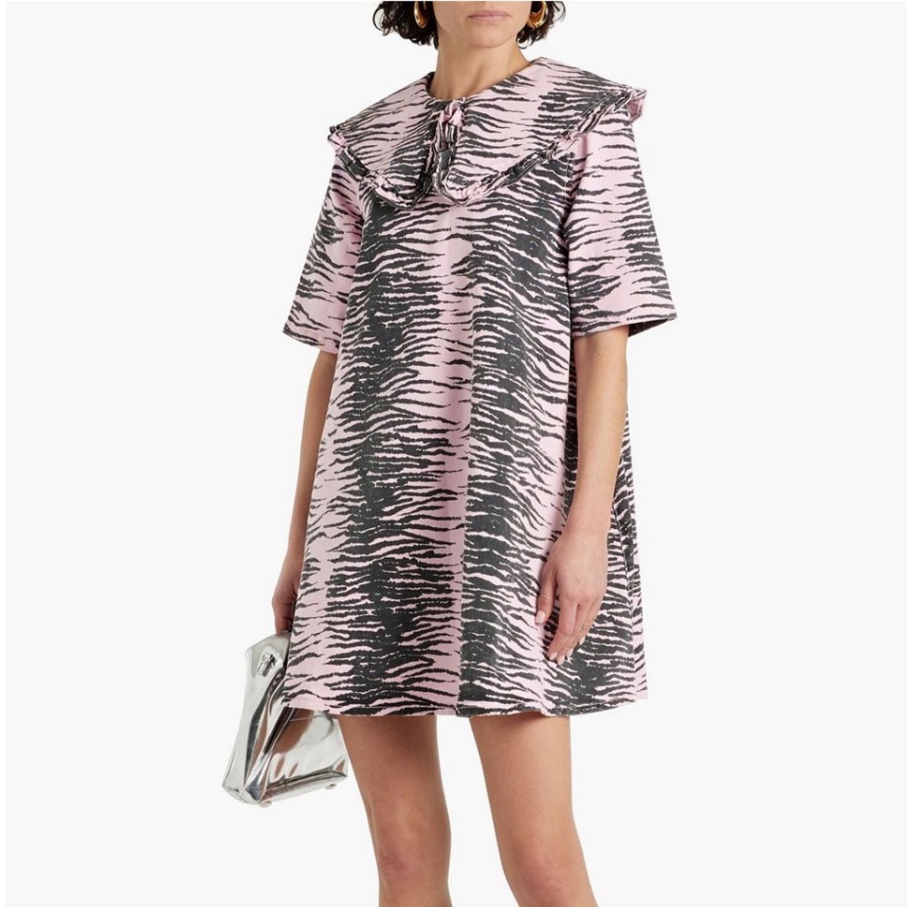 GANNI Ruffle Collar Trim Tiger Print Denim Mini Dress - Women’s Size 6 - New